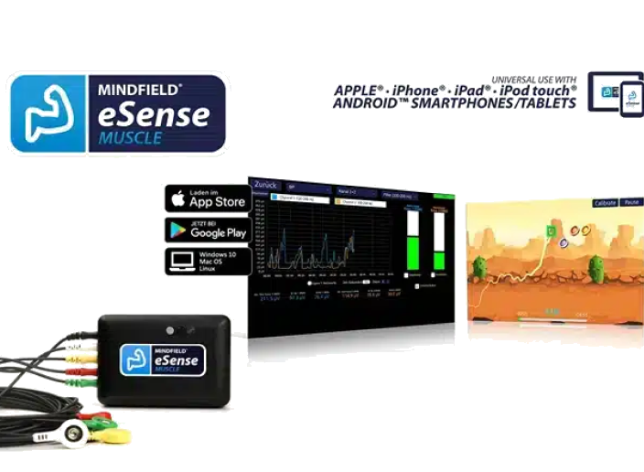 eSense Muscle Pro Edition kollázs az eszközzel, elektródákkal és app-képernyőkkel