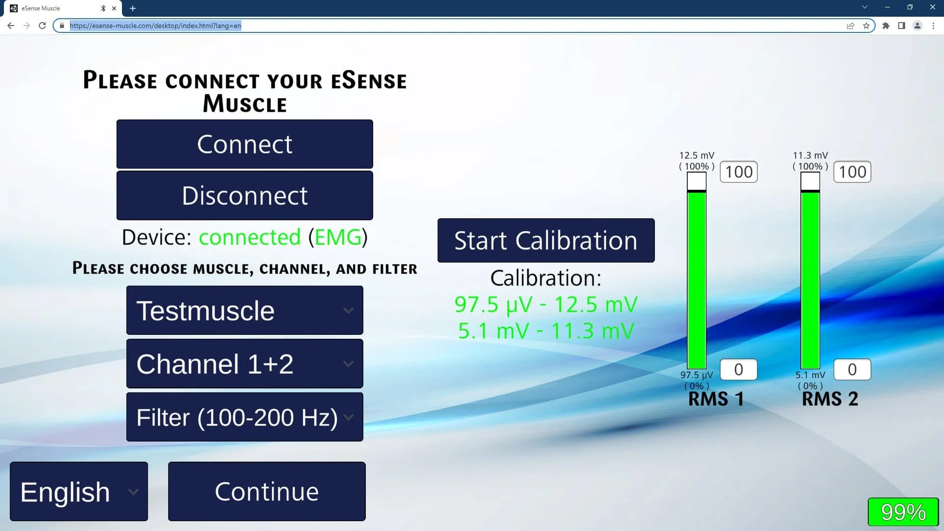 eSense Muscle Web App - Analyse-Bildschirm
